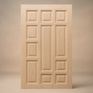 Elegant Six-Panel Solid Wood Door for Classic Interiors. Standing on a light white background.