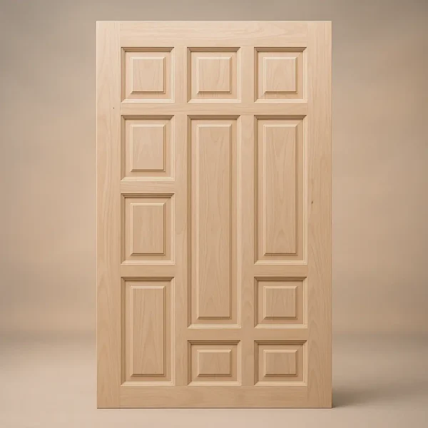 Elegant Six-Panel Solid Wood Door for Classic Interiors. Standing on a light white background.