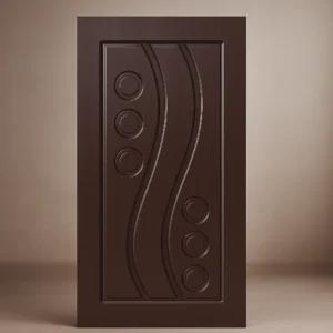 Modern Wenge Finish Dark Brown Wooden Door with Geometric Embossed Design. standing on a light white background