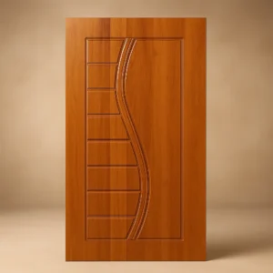 Premium Brown Wooden Designer Door. Standing on a light brown background.