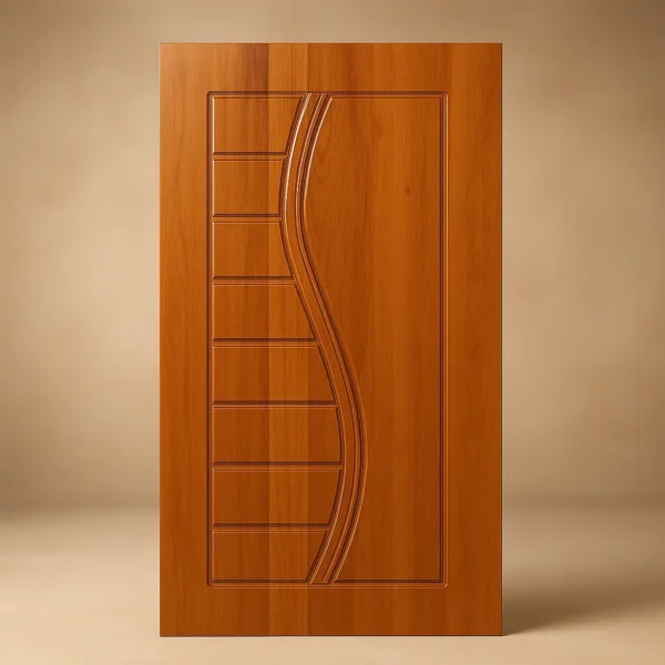 Premium Brown Wooden Designer Door. Standing on a light brown background.