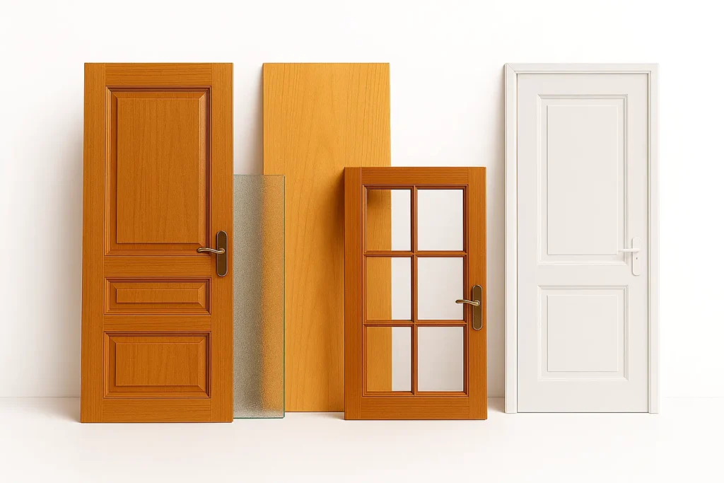 A brown wooden door, glass panel, plywood, window door and a white door all are at a slanting posting on a white background wall.