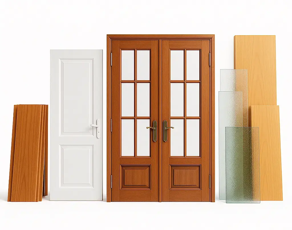 A Brown wooden double door, white door, plywood are slating on a white background wall